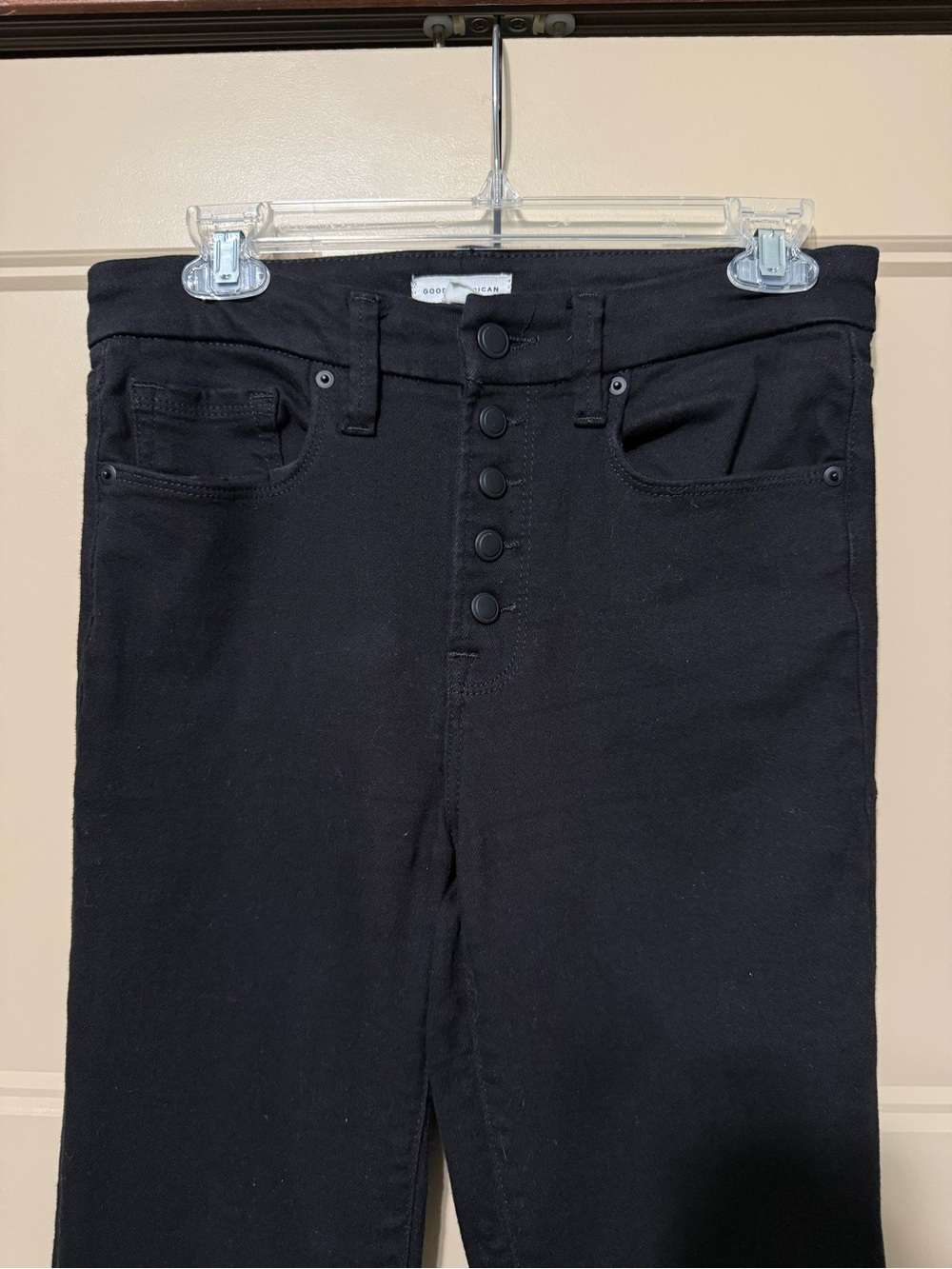 Good American Black High-Rise Flare Jeans with Button-Fly - Picture 3 of 9